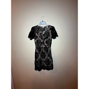 Tobi Black Lace Illusion Mini Dress Nude Lining Deep V Size M
